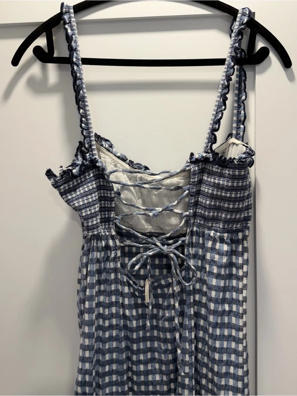 Free People Lucinda Blue Gingham Midi Dress with Tie Back